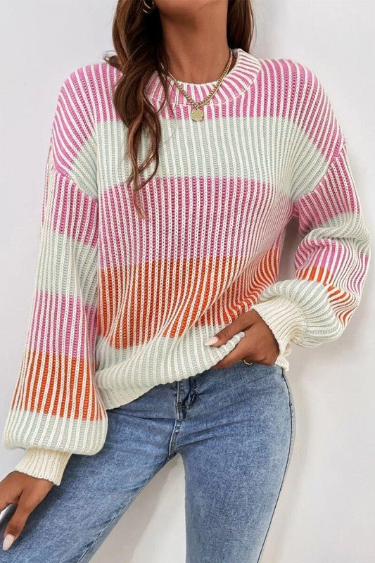 Colorblock Textured Knit Bubble Sleeve Sweater - RaeLynns Boutique