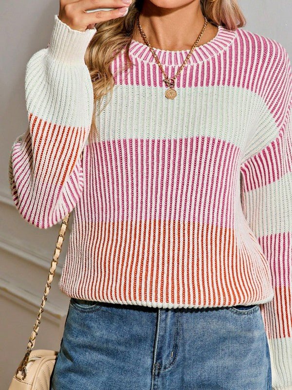 Cotton Color block Lantern Rib Knitted Sweater - RaeLynns Boutique