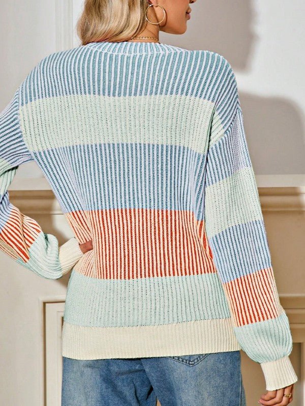 Cotton Color block Lantern Rib Knitted Sweater - RaeLynns Boutique