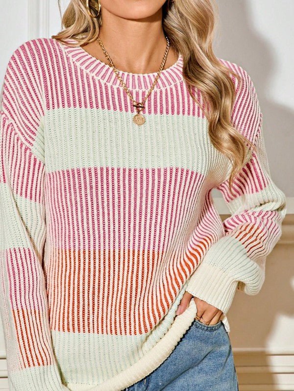 Cotton Color block Lantern Rib Knitted Sweater - RaeLynns Boutique