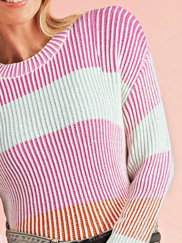 Cotton Color block Lantern Rib Knitted Sweater - RaeLynns Boutique