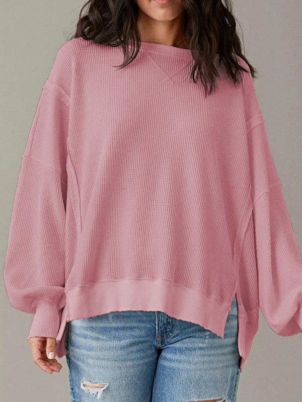Cotton Waffle Bishop Split Oversized Pullover - RaeLynns Boutique