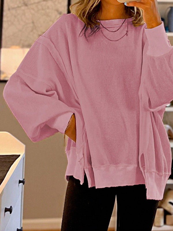Cotton Waffle Bishop Split Oversized Pullover - RaeLynns Boutique