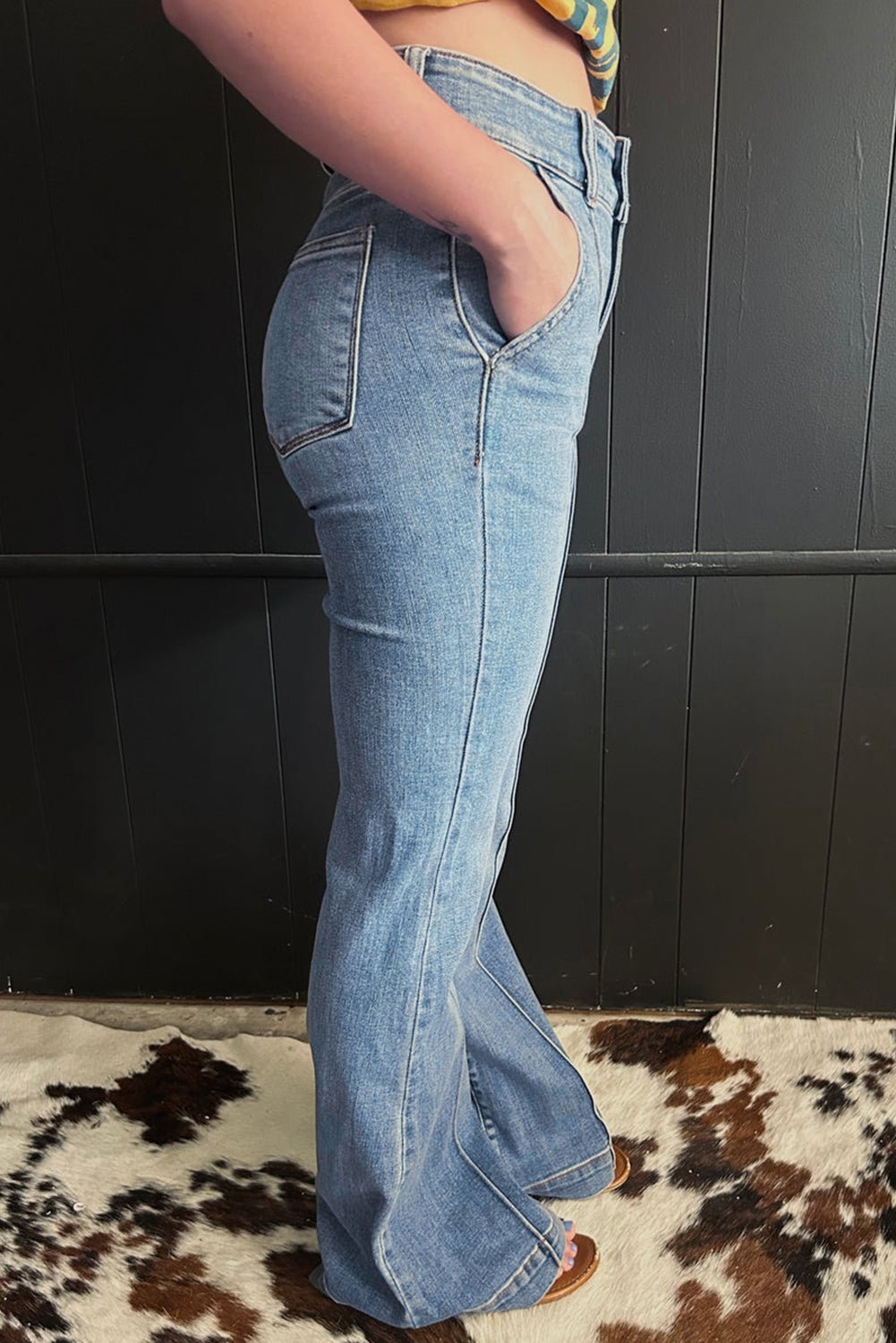Dusk Blue 2 Button High Waist Piping Trim Bootcut Jeans - Raelynns&Co