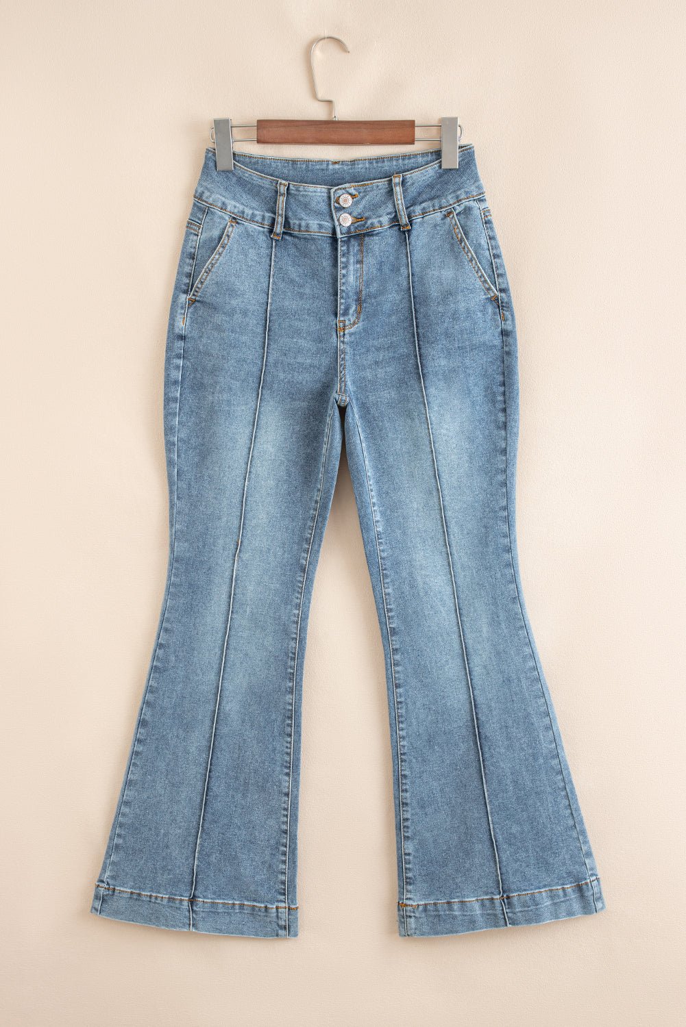 Dusk Blue 2 Button High Waist Piping Trim Bootcut Jeans - Raelynns&Co