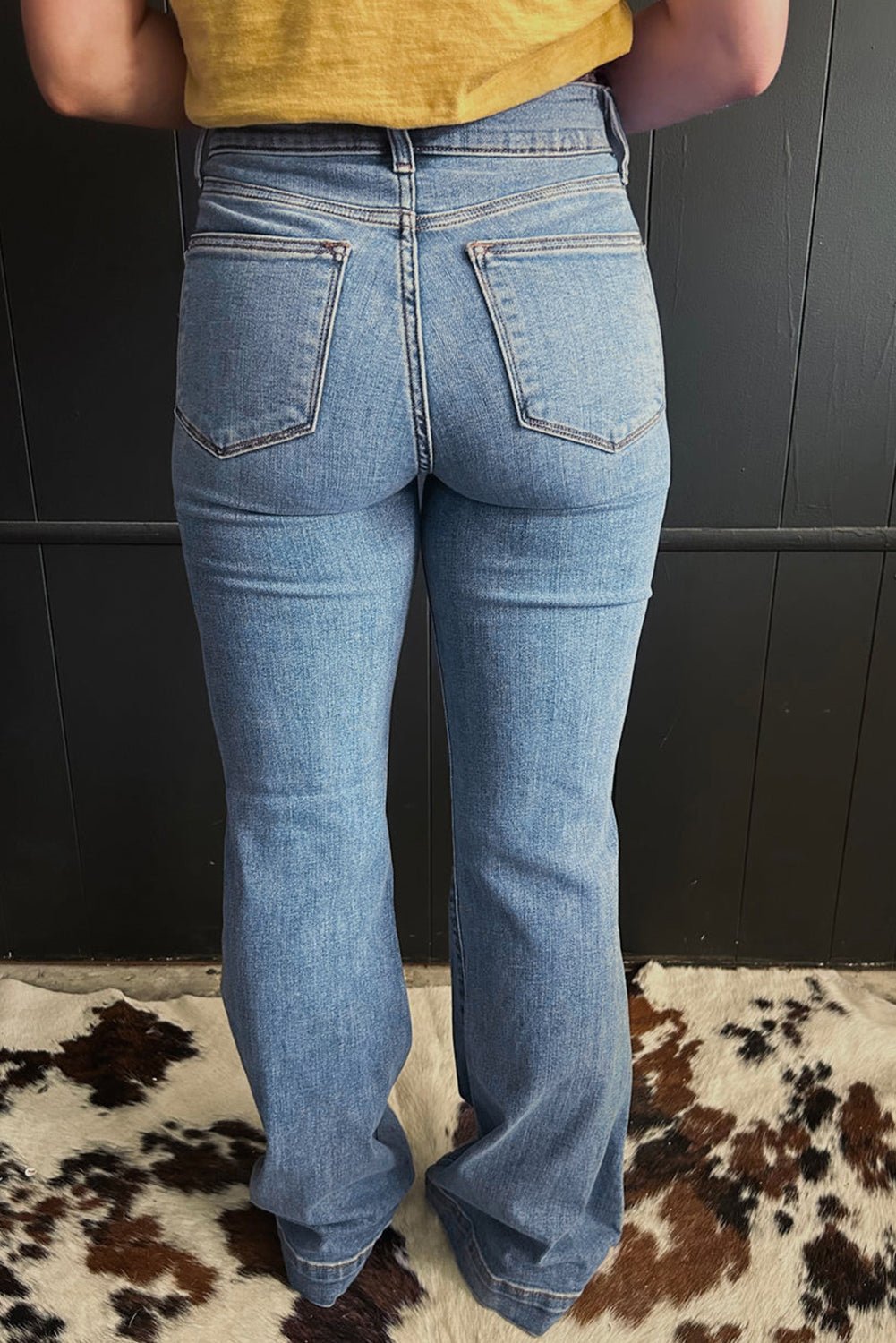 Dusk Blue 2 Button High Waist Piping Trim Bootcut Jeans - Raelynns&Co