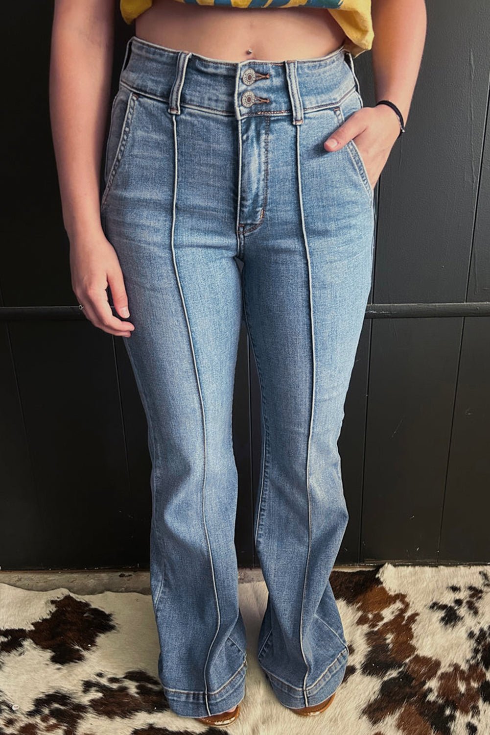 Dusk Blue 2 Button High Waist Piping Trim Bootcut Jeans - Raelynns&Co