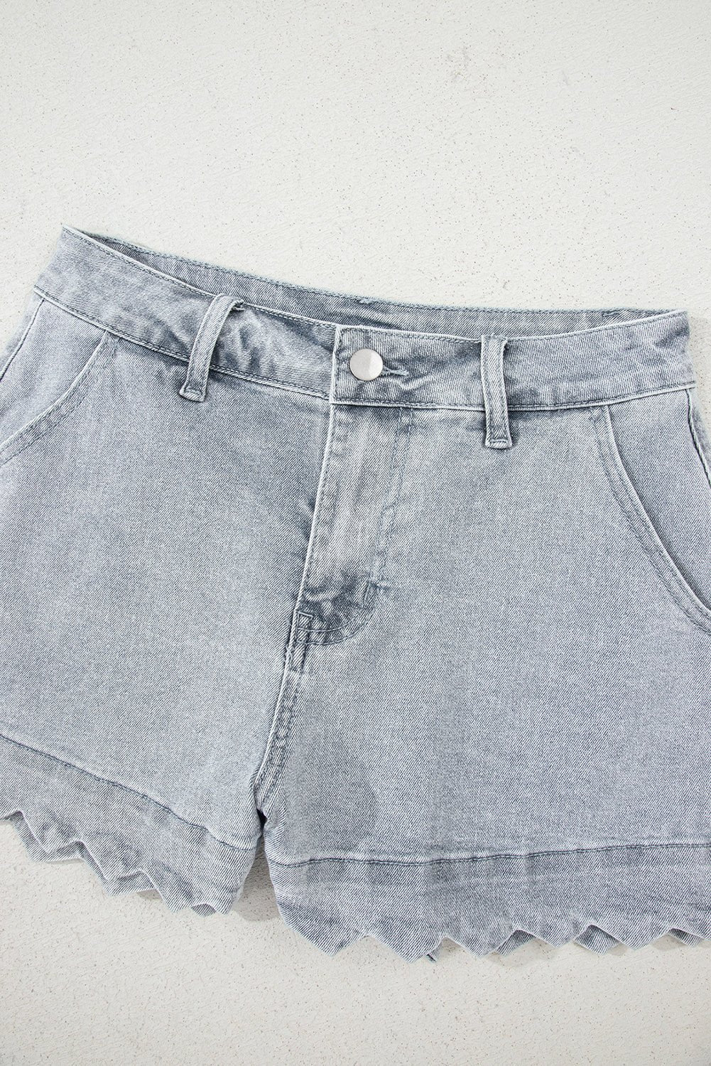 Dusk Blue Scalloped Hemline Acid Wash High Waist Denim Shorts - Raelynns&Co