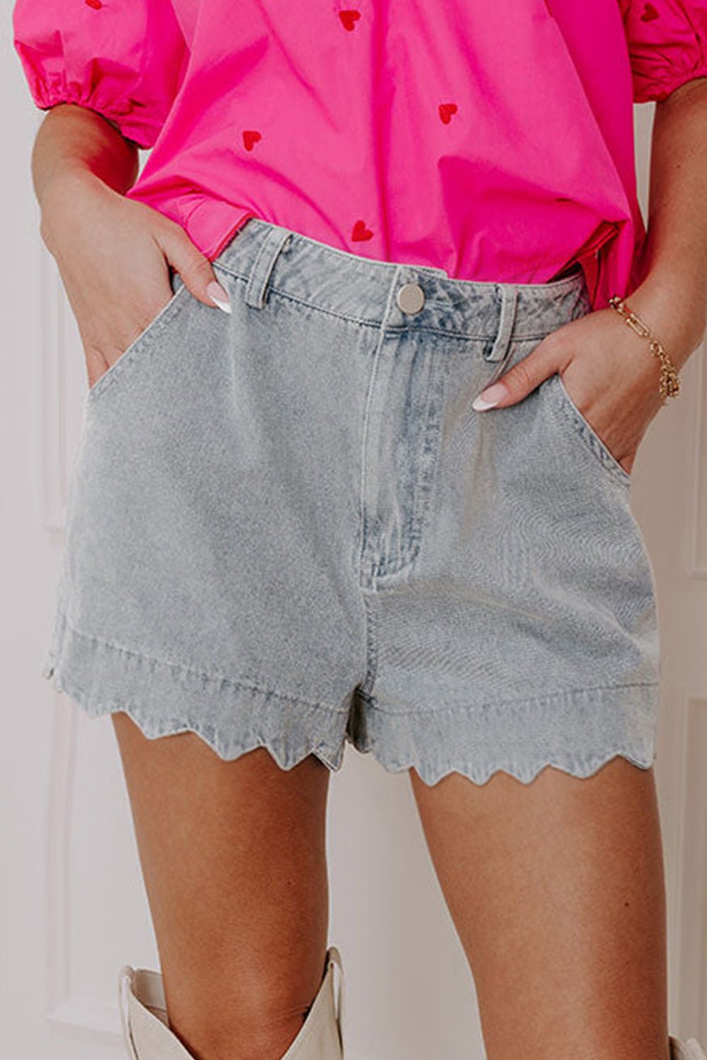 Dusk Blue Scalloped Hemline Acid Wash High Waist Denim Shorts - Raelynns&Co