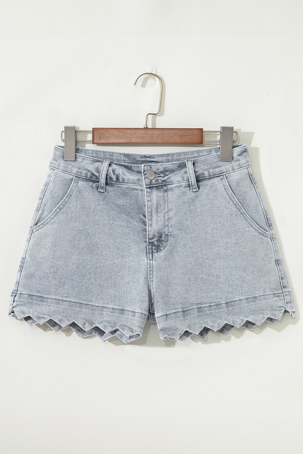 Dusk Blue Scalloped Hemline Acid Wash High Waist Denim Shorts - Raelynns&Co
