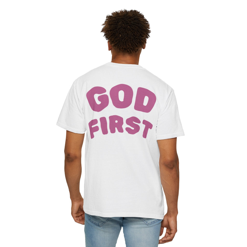 God First T-Shirt — Faith Message Tee (White, Pink Lettering) - RaeLynns Boutique