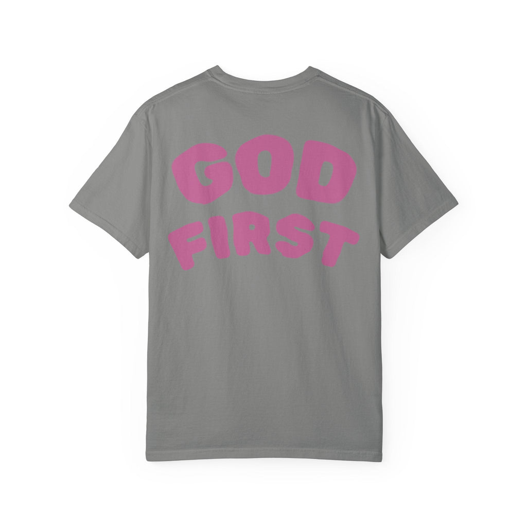 God First T-Shirt — Faith Message Tee (White, Pink Lettering) - RaeLynns Boutique