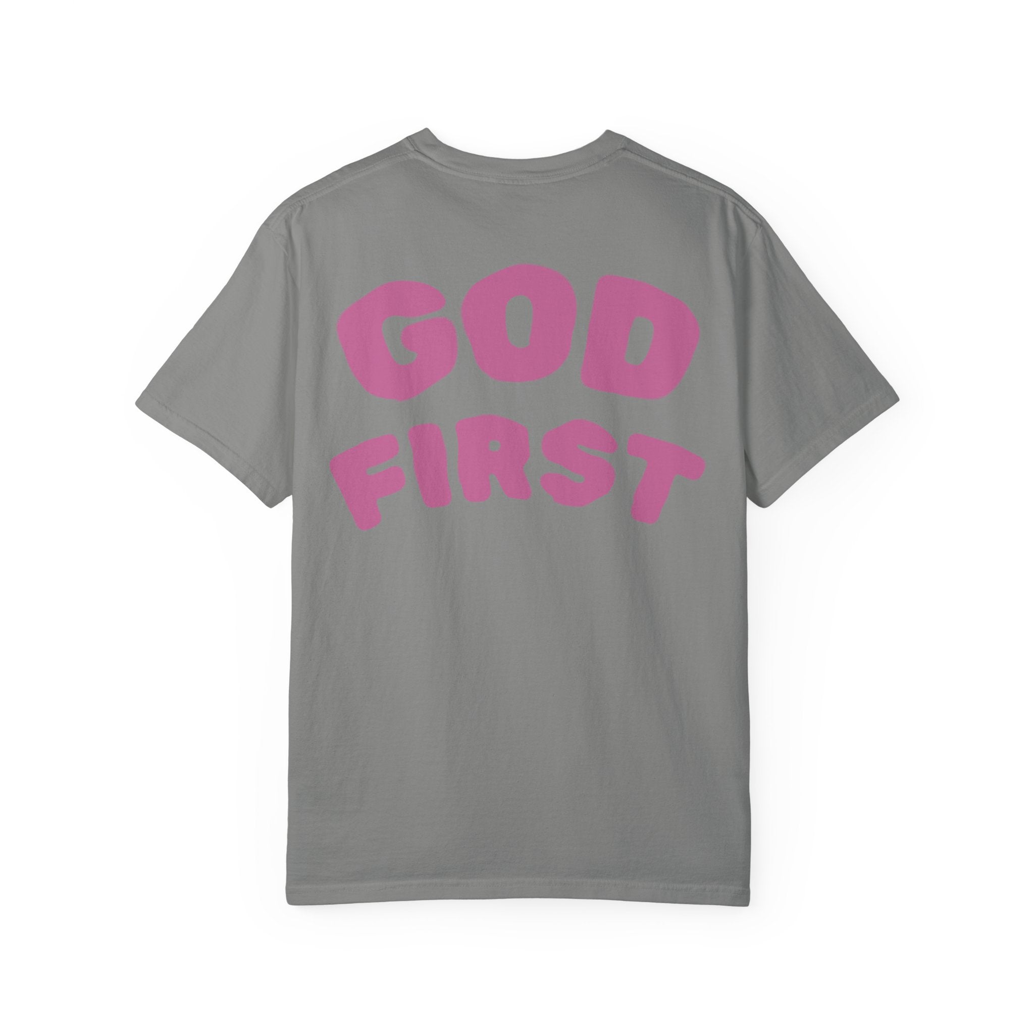 God First T-Shirt — Faith Message Tee (White, Pink Lettering) - RaeLynns Boutique