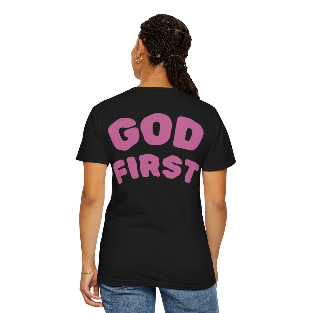 God First T-Shirt — Faith Message Tee (White, Pink Lettering) - RaeLynns Boutique