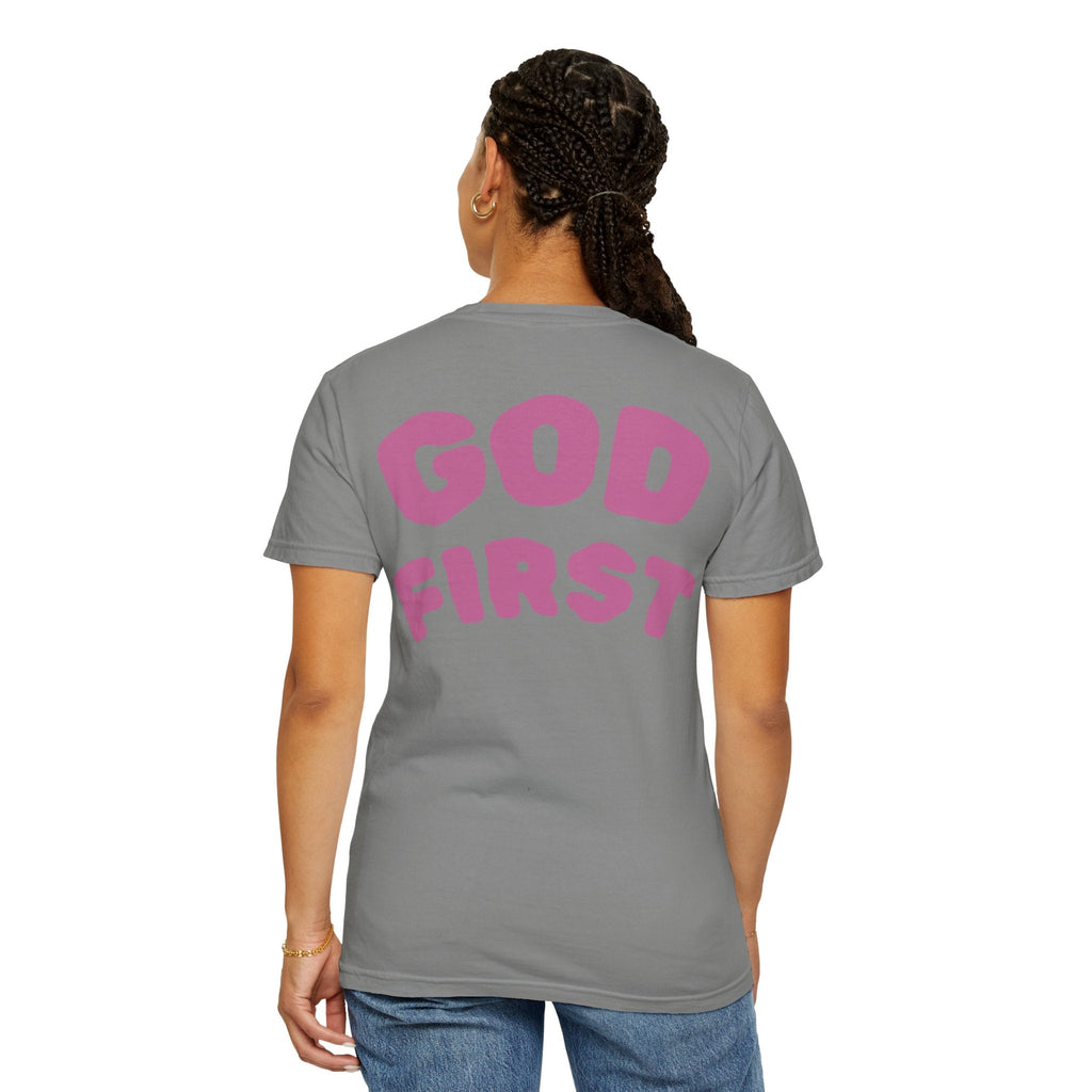 God First T-Shirt — Faith Message Tee (White, Pink Lettering) - RaeLynns Boutique