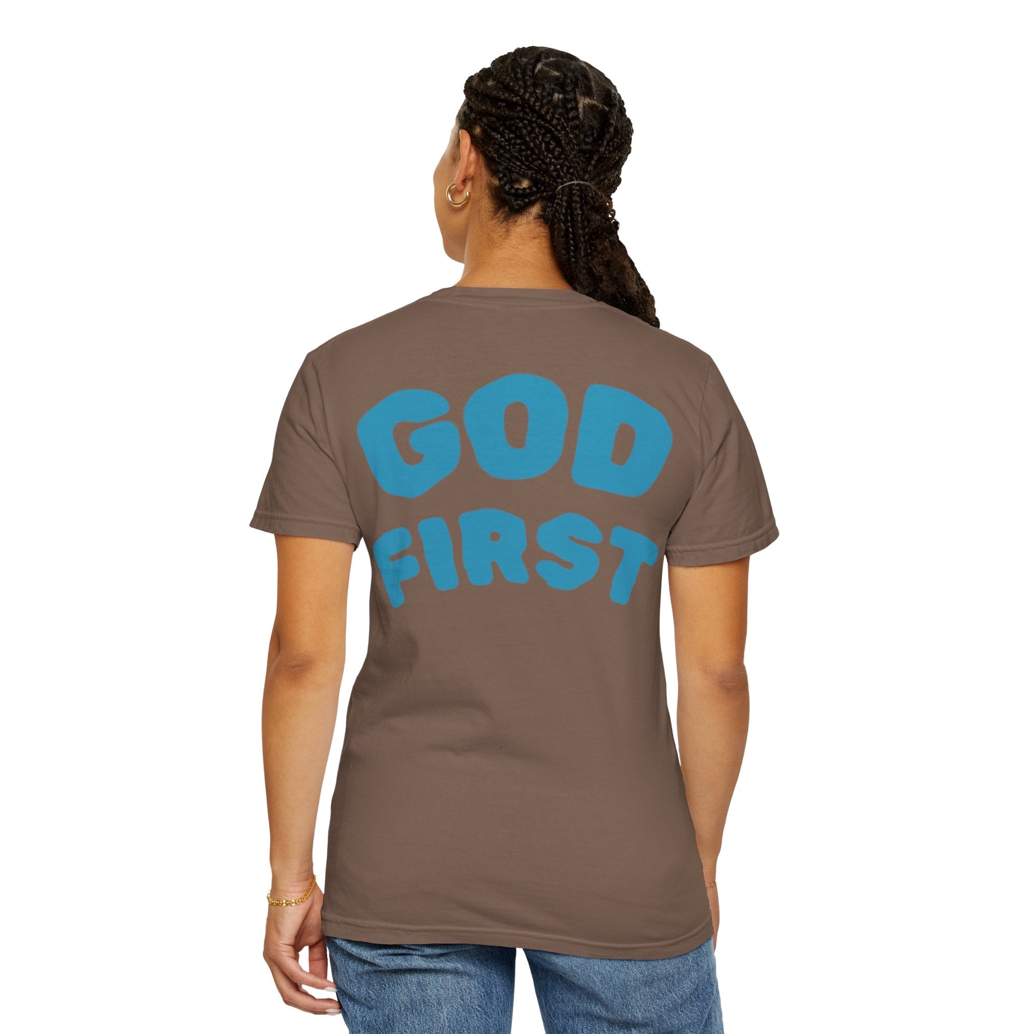 God First T-Shirt — Faith Message Tee (White, Pink Lettering) - RaeLynns Boutique