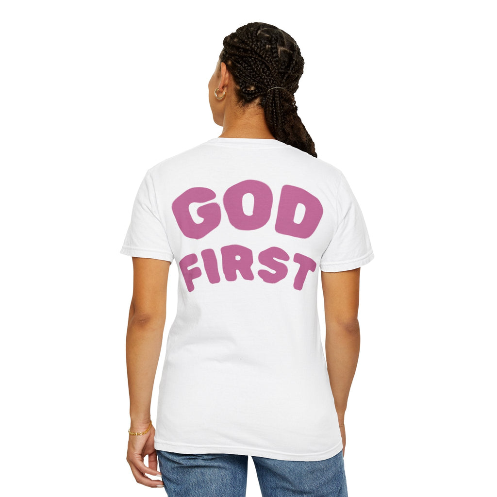 God First T-Shirt — Faith Message Tee (White, Pink Lettering) - RaeLynns Boutique
