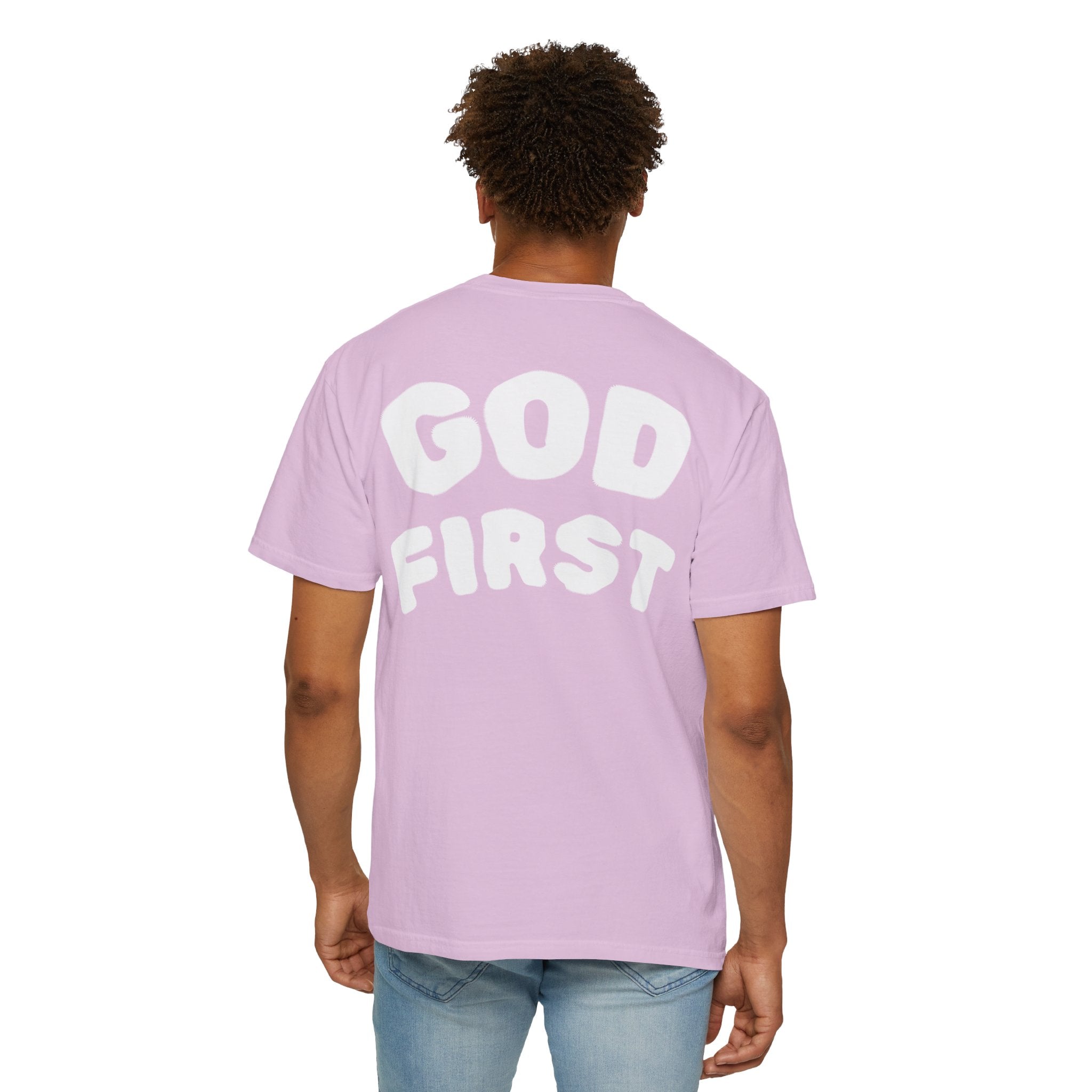 God First T-Shirt — Faith Message Tee (White, Pink Lettering) - RaeLynns Boutique