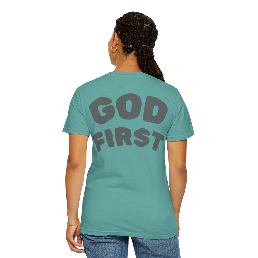 God First T-Shirt — Faith Message Tee (White, Pink Lettering) - RaeLynns Boutique
