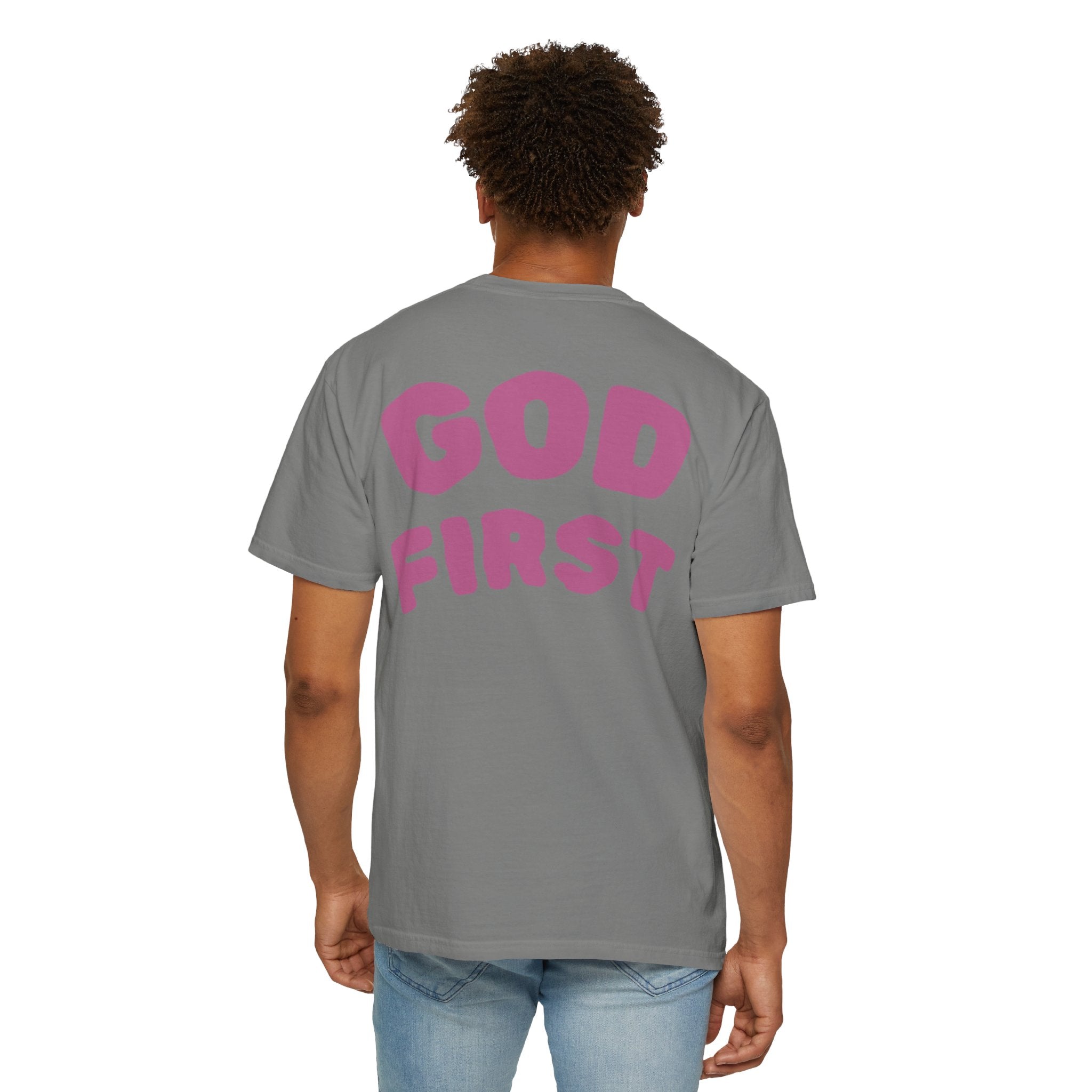 God First T-Shirt — Faith Message Tee (White, Pink Lettering) - RaeLynns Boutique