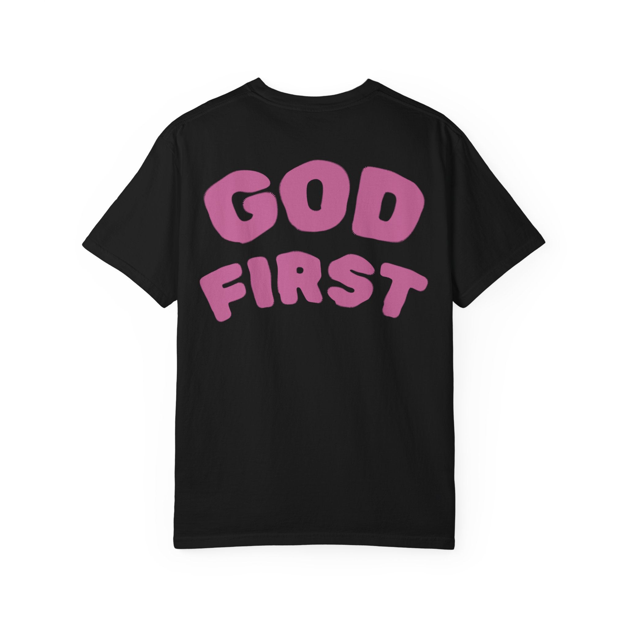 God First T-Shirt — Faith Message Tee (White, Pink Lettering) - RaeLynns Boutique