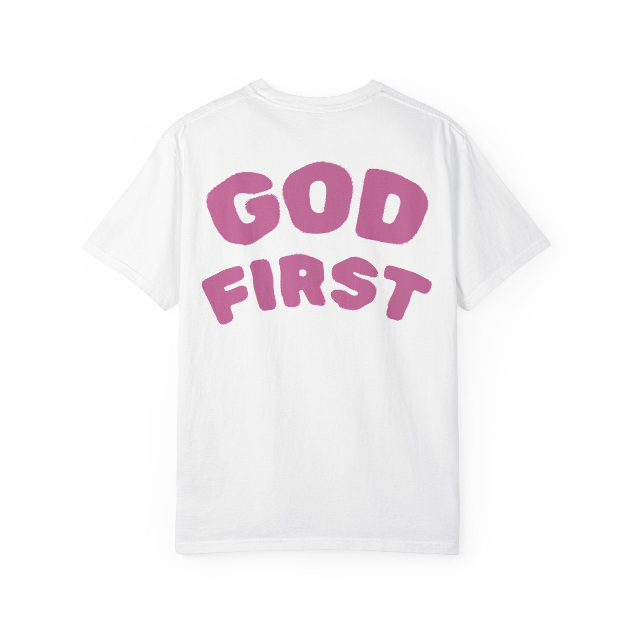 God First T-Shirt — Faith Message Tee (White, Pink Lettering) - RaeLynns Boutique