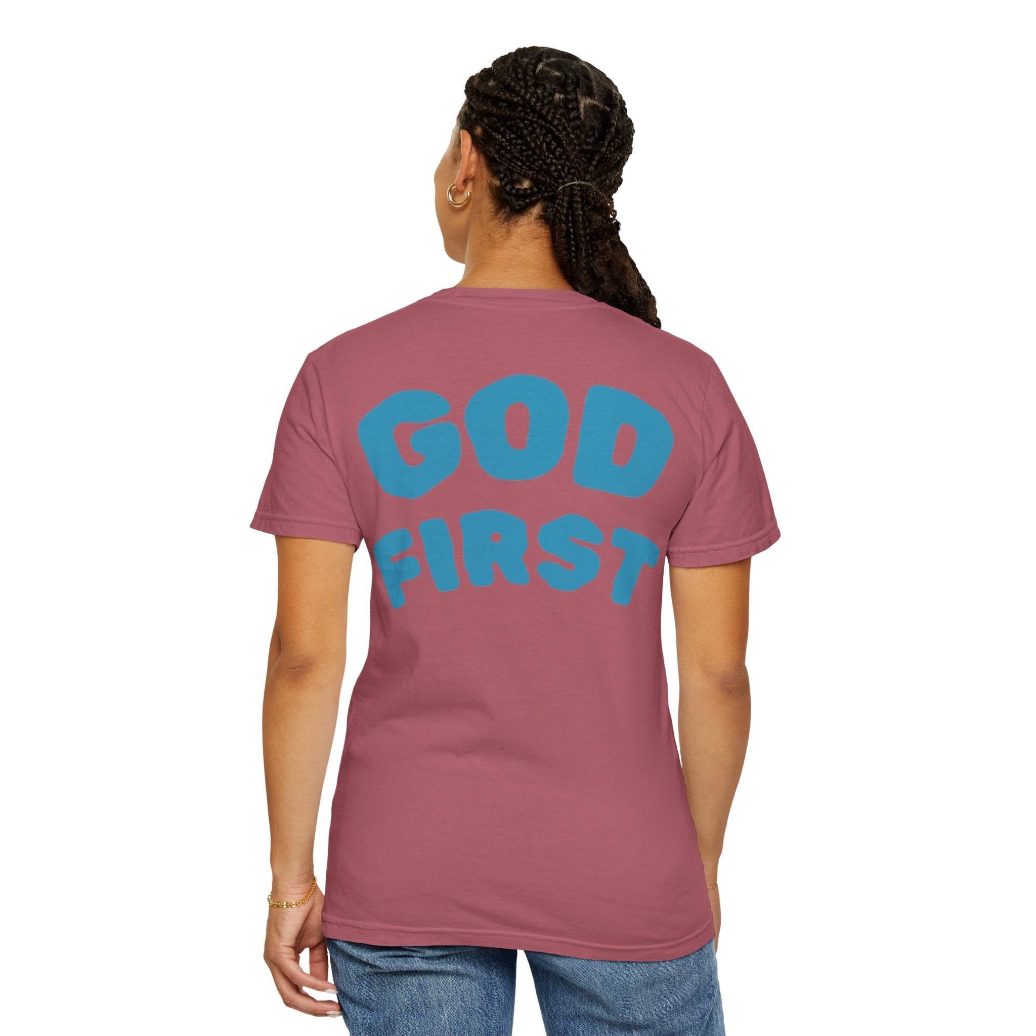 God First T-Shirt — Faith Message Tee (White, Pink Lettering) - RaeLynns Boutique