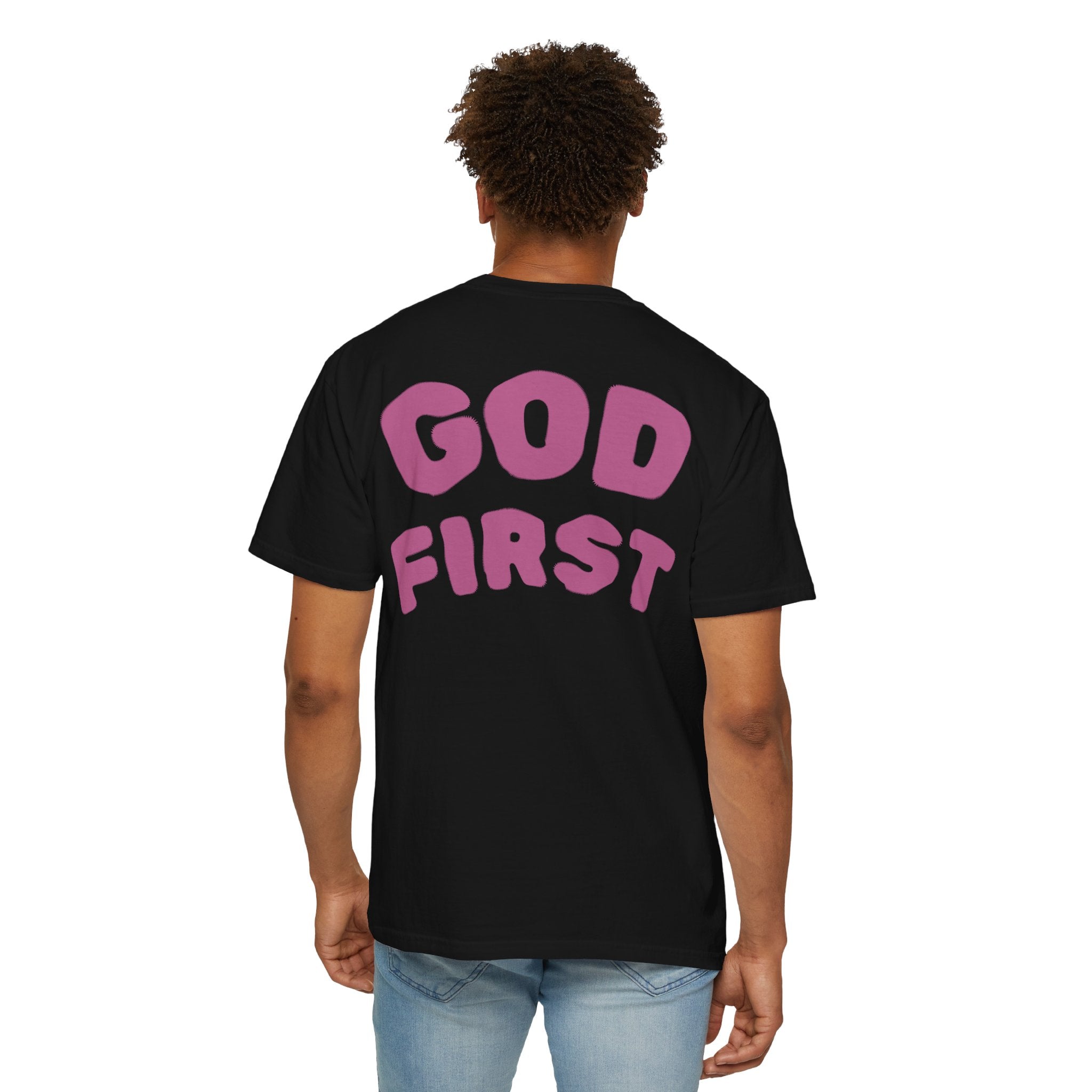 God First T-Shirt — Faith Message Tee (White, Pink Lettering) - RaeLynns Boutique