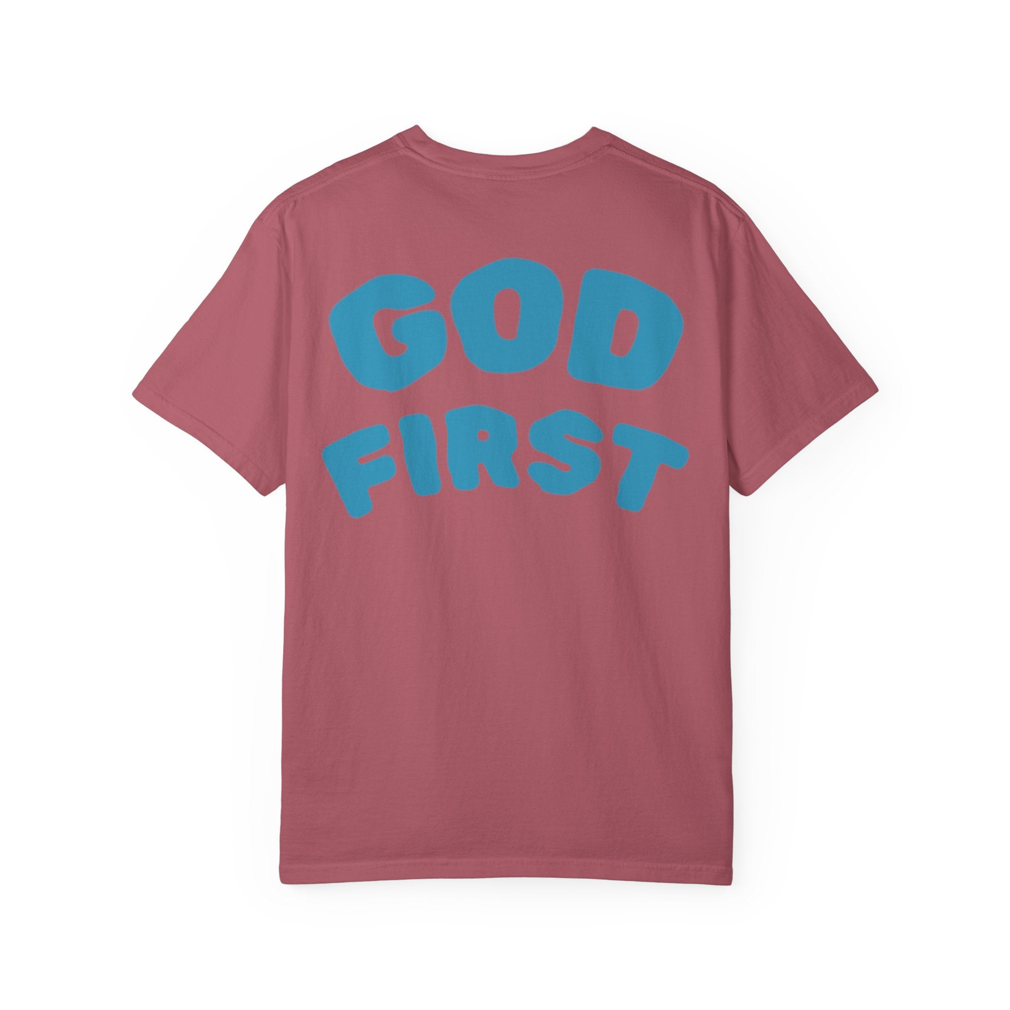 God First T-Shirt — Faith Message Tee (White, Pink Lettering) - RaeLynns Boutique