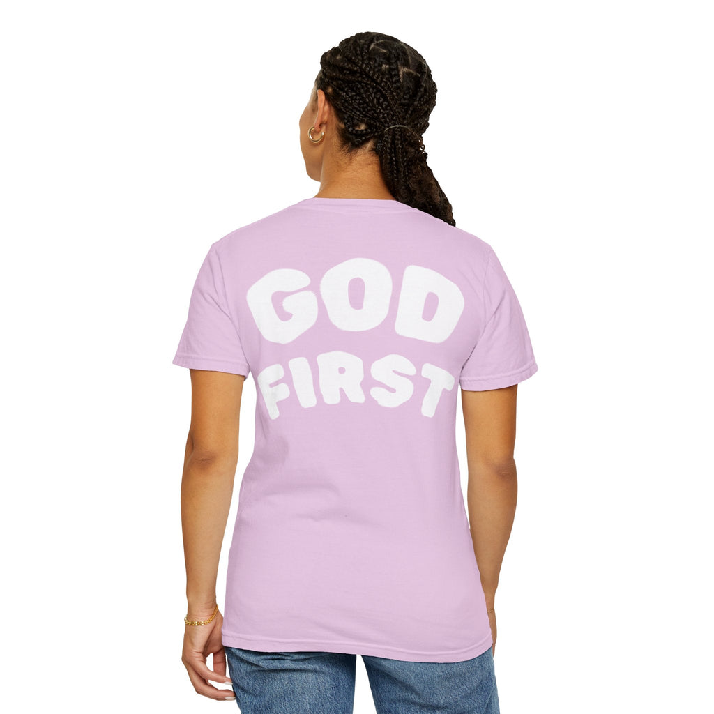 God First T-Shirt — Faith Message Tee (White, Pink Lettering) - RaeLynns Boutique