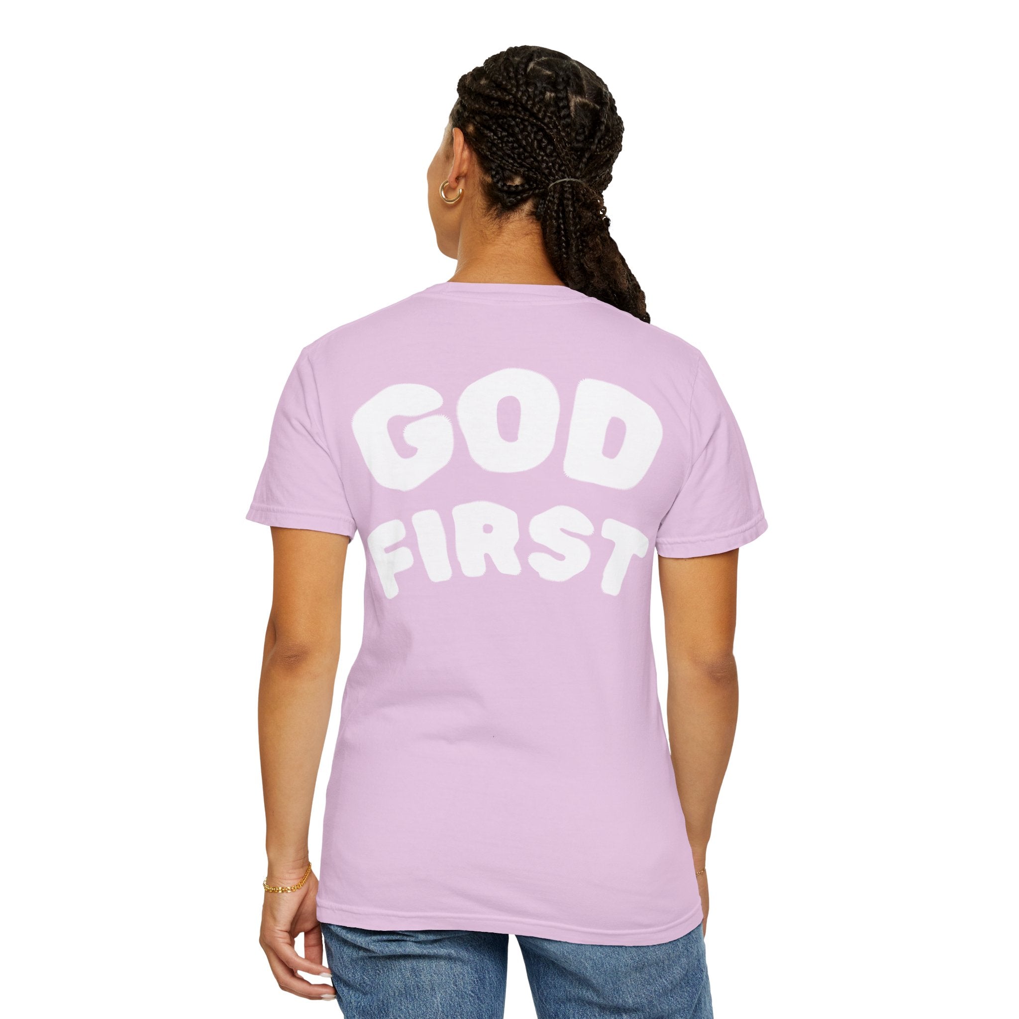 God First T-Shirt — Faith Message Tee (White, Pink Lettering) - RaeLynns Boutique