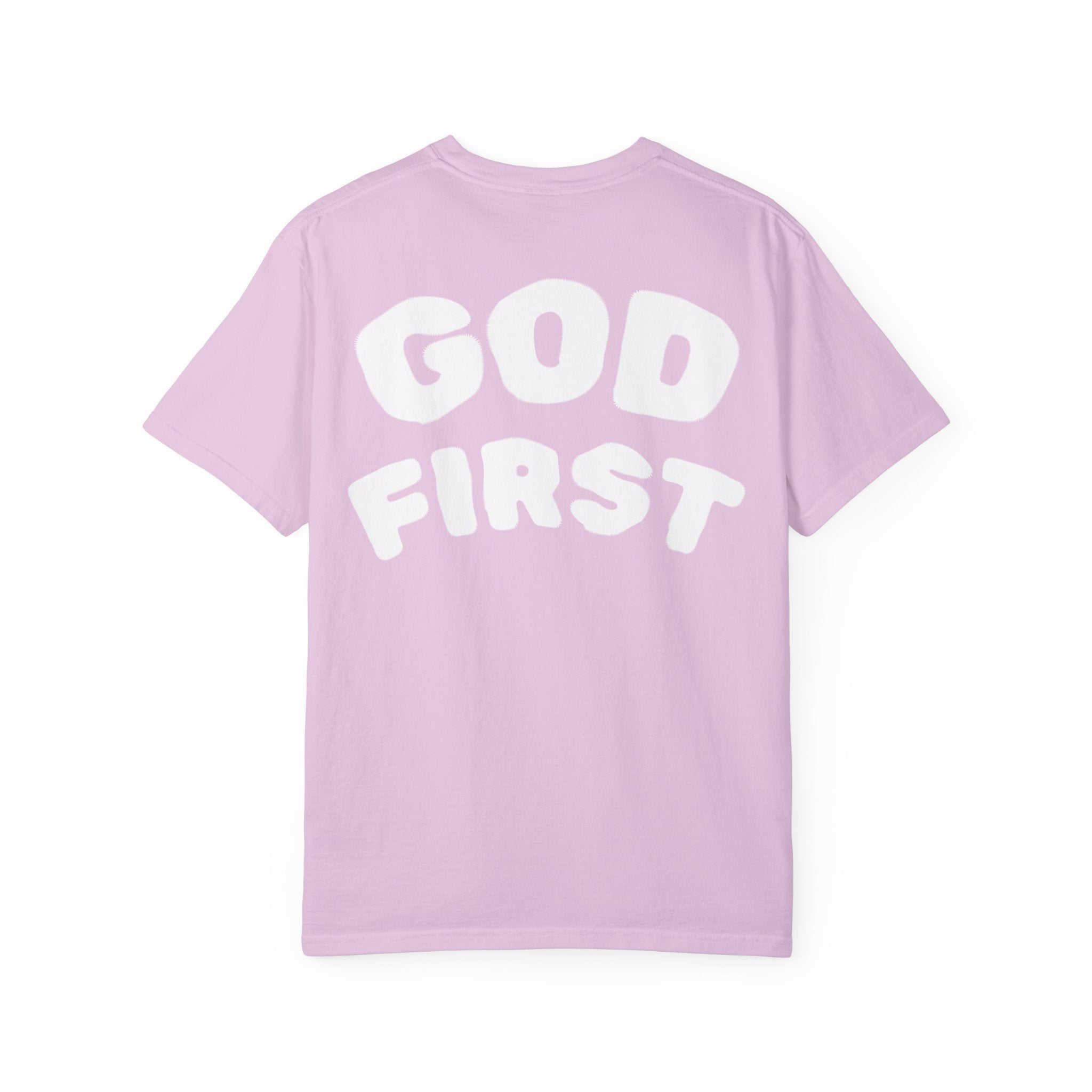 God First T-Shirt — Faith Message Tee (White, Pink Lettering) - RaeLynns Boutique