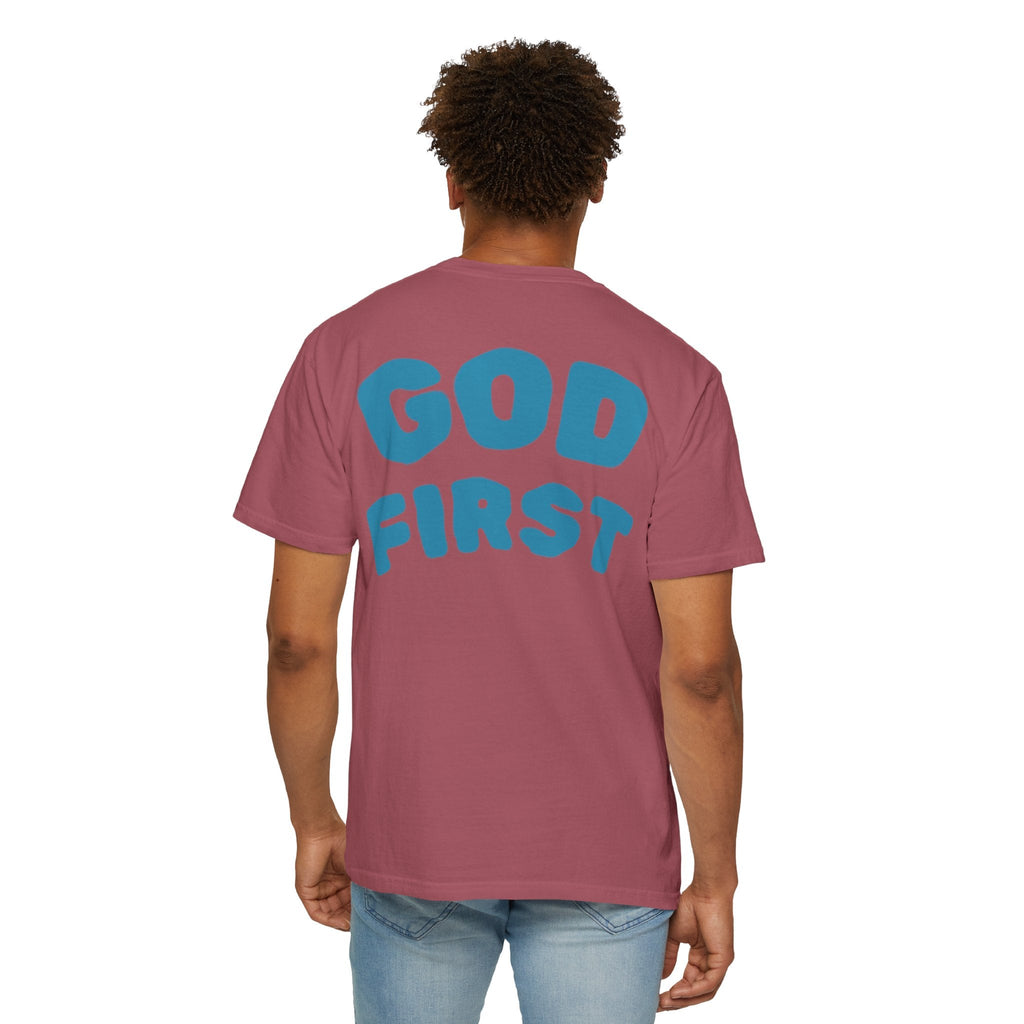 God First T-Shirt — Faith Message Tee (White, Pink Lettering) - RaeLynns Boutique