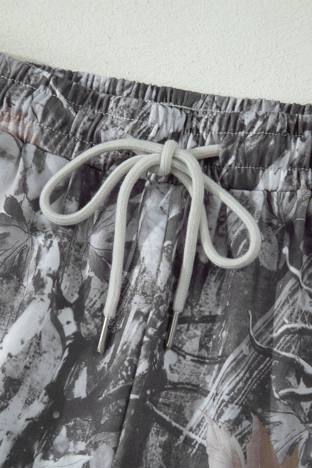 Gray Abstract Maple Leaf Printed Tie Elastic Waist Shorts - Raelynns&Co