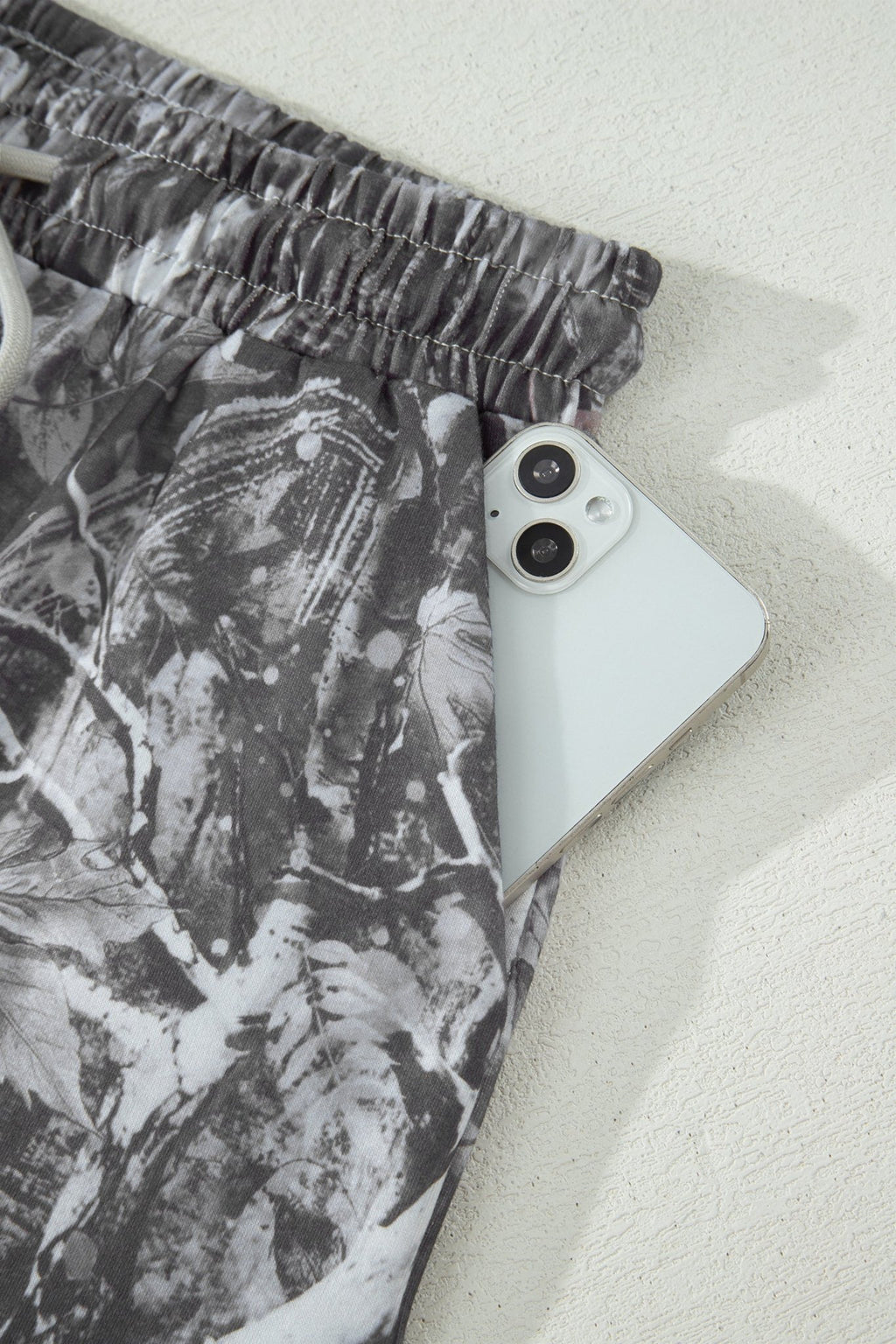 Gray Abstract Maple Leaf Printed Tie Elastic Waist Shorts - Raelynns&Co