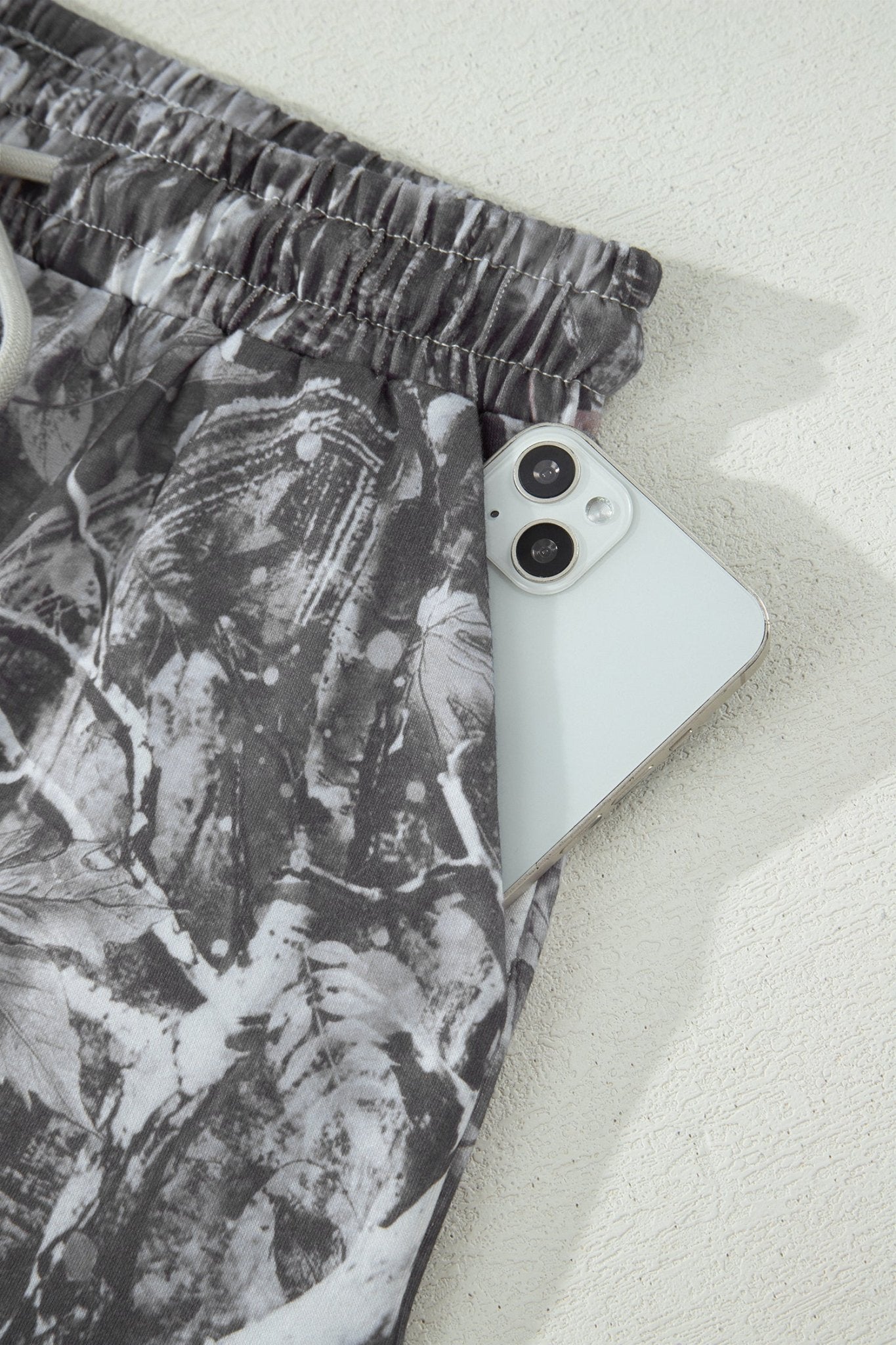 Gray Abstract Maple Leaf Printed Tie Elastic Waist Shorts - Raelynns&Co