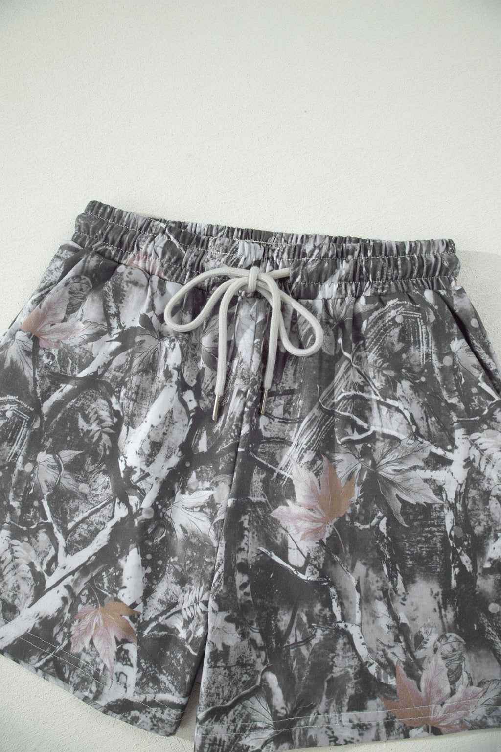 Gray Abstract Maple Leaf Printed Tie Elastic Waist Shorts - Raelynns&Co