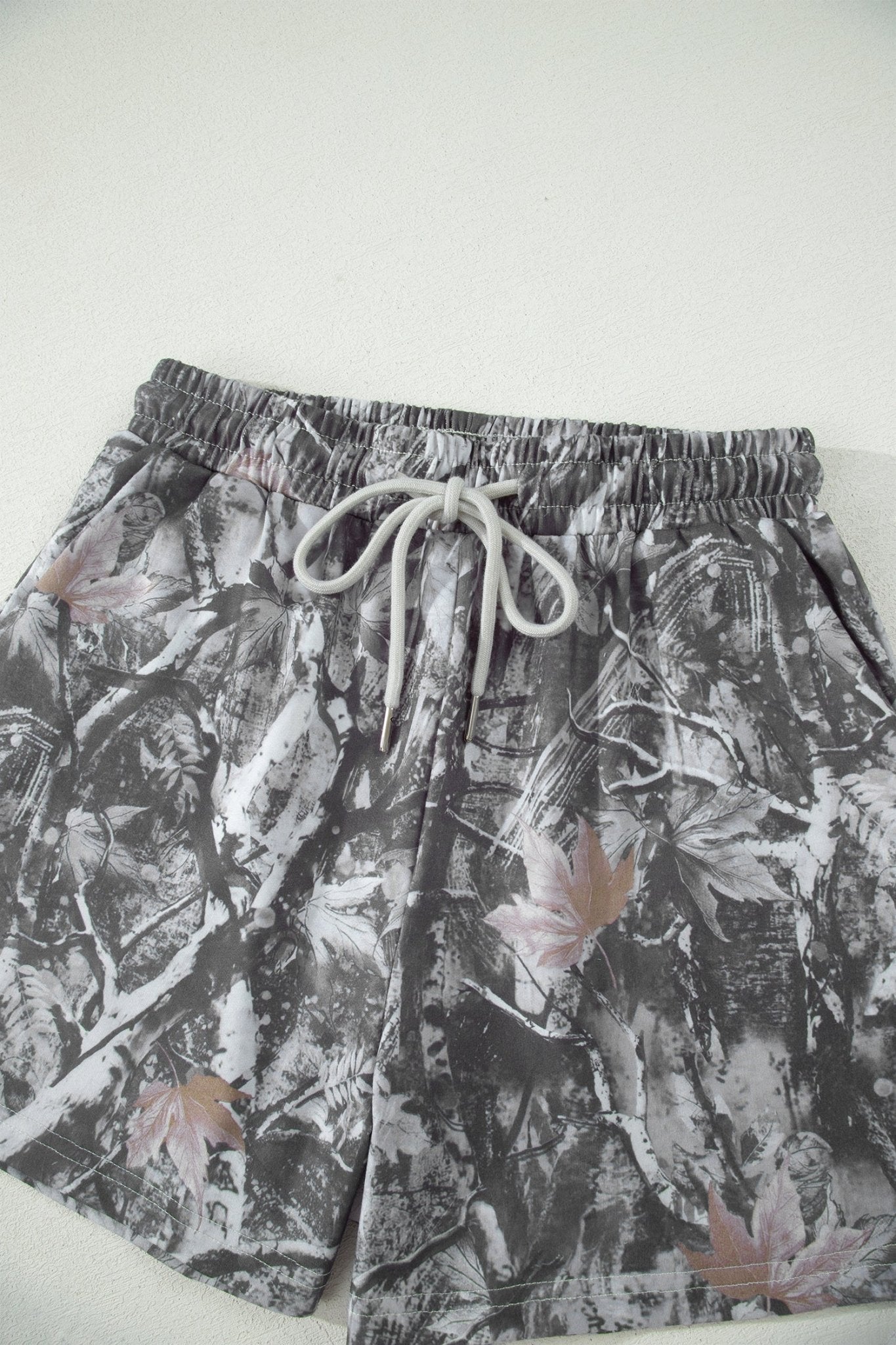 Gray Abstract Maple Leaf Printed Tie Elastic Waist Shorts - Raelynns&Co