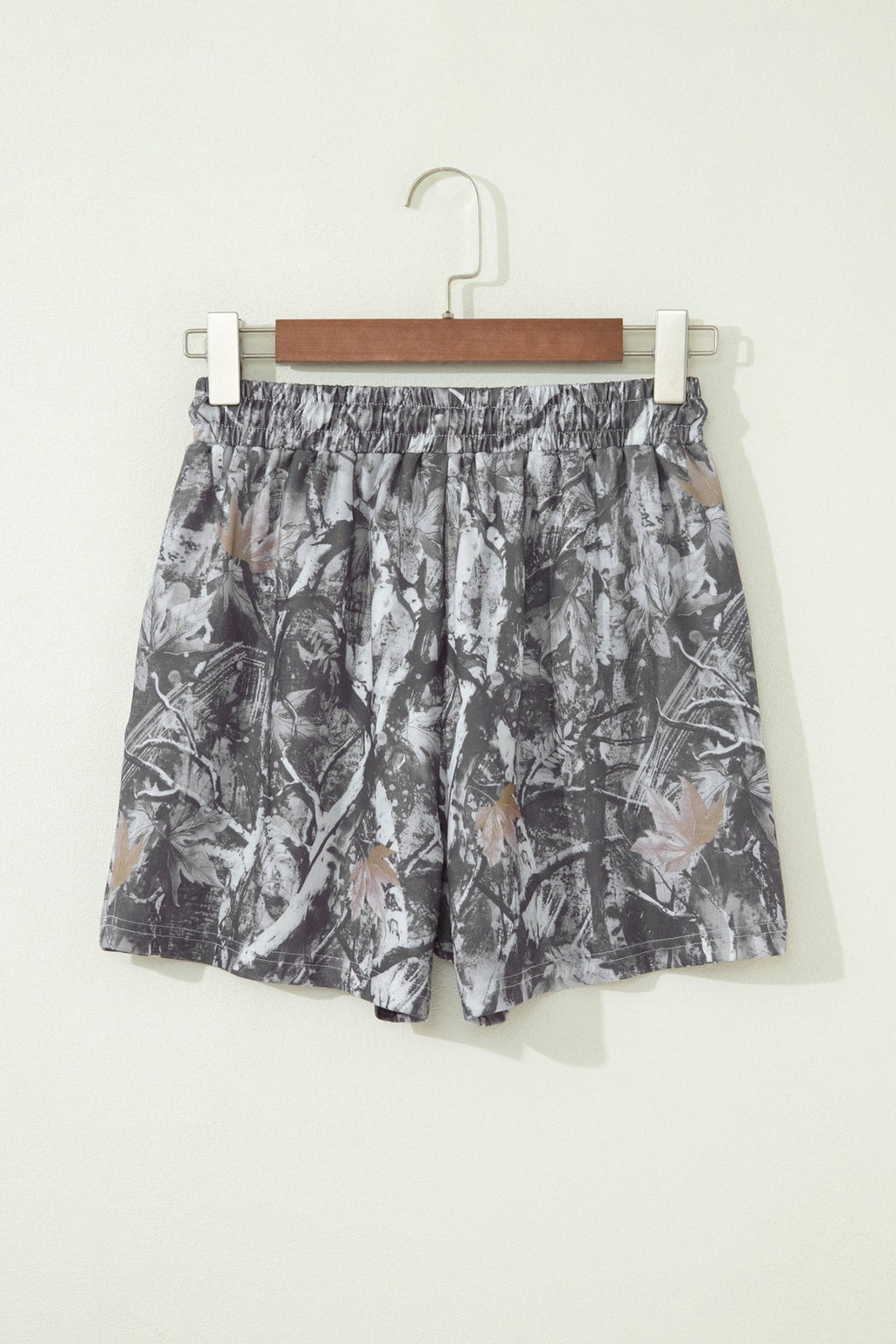 Gray Abstract Maple Leaf Printed Tie Elastic Waist Shorts - Raelynns&Co