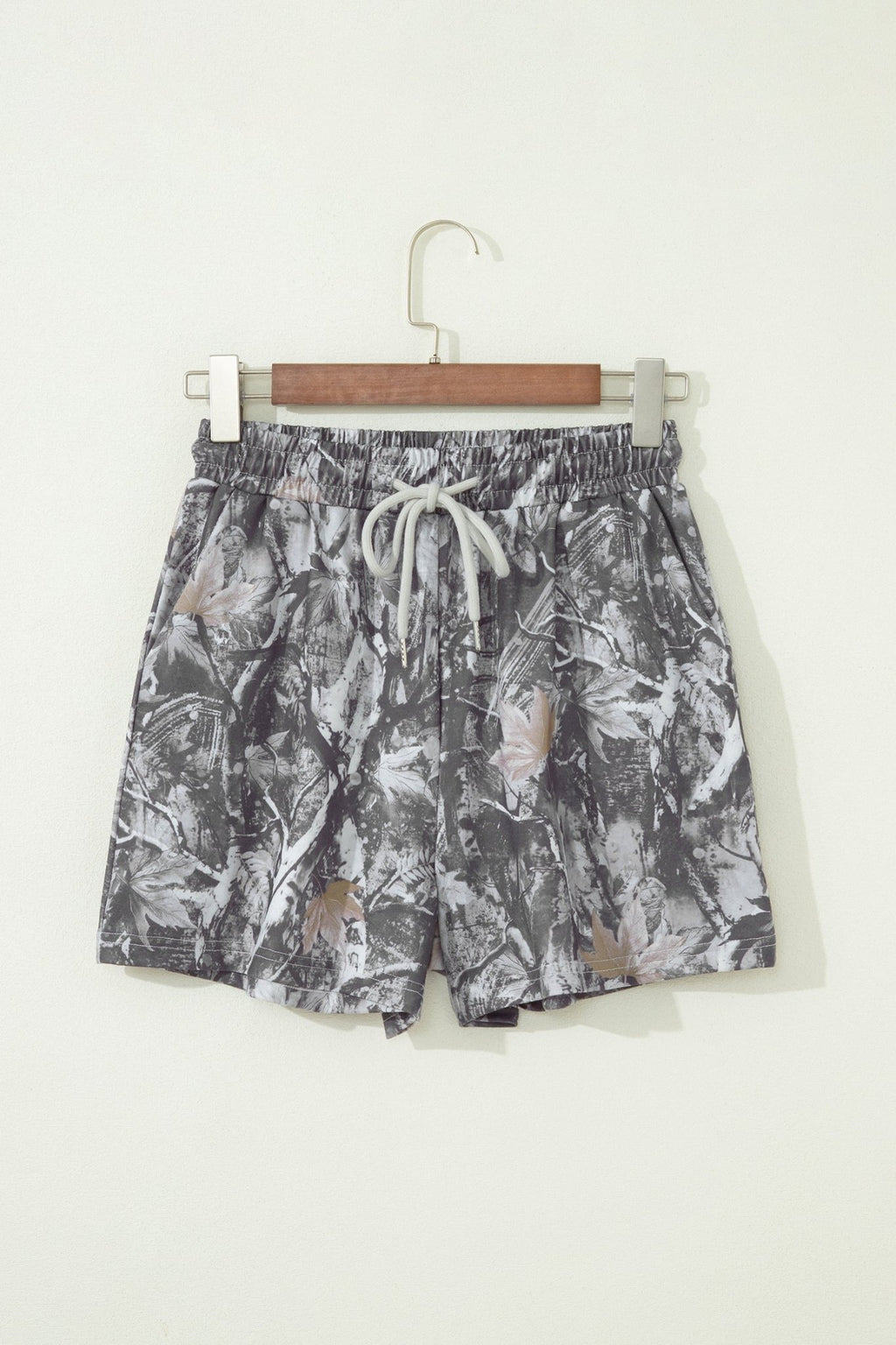 Gray Abstract Maple Leaf Printed Tie Elastic Waist Shorts - Raelynns&Co