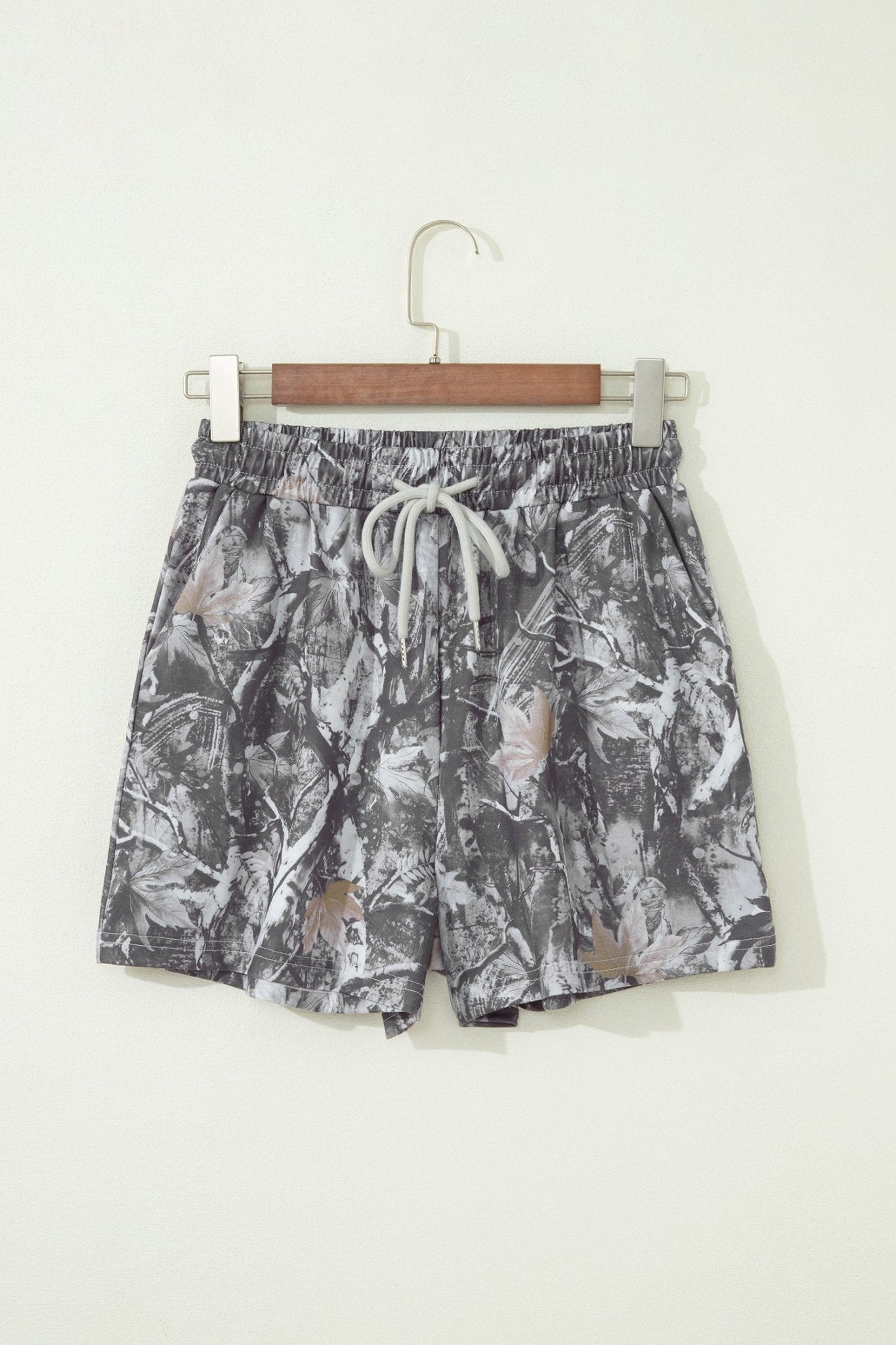Gray Abstract Maple Leaf Printed Tie Elastic Waist Shorts - Raelynns&Co