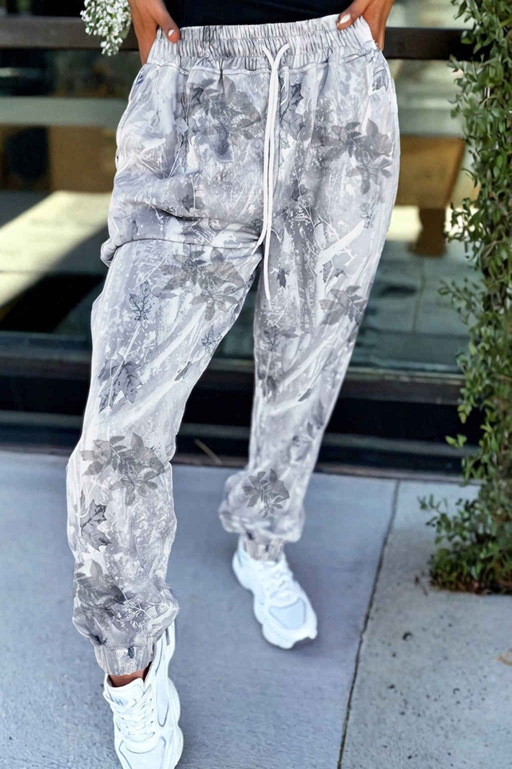 Gray Camo Print Cozy Drawstring Elastic Waist Jogger Pants - Raelynns&Co