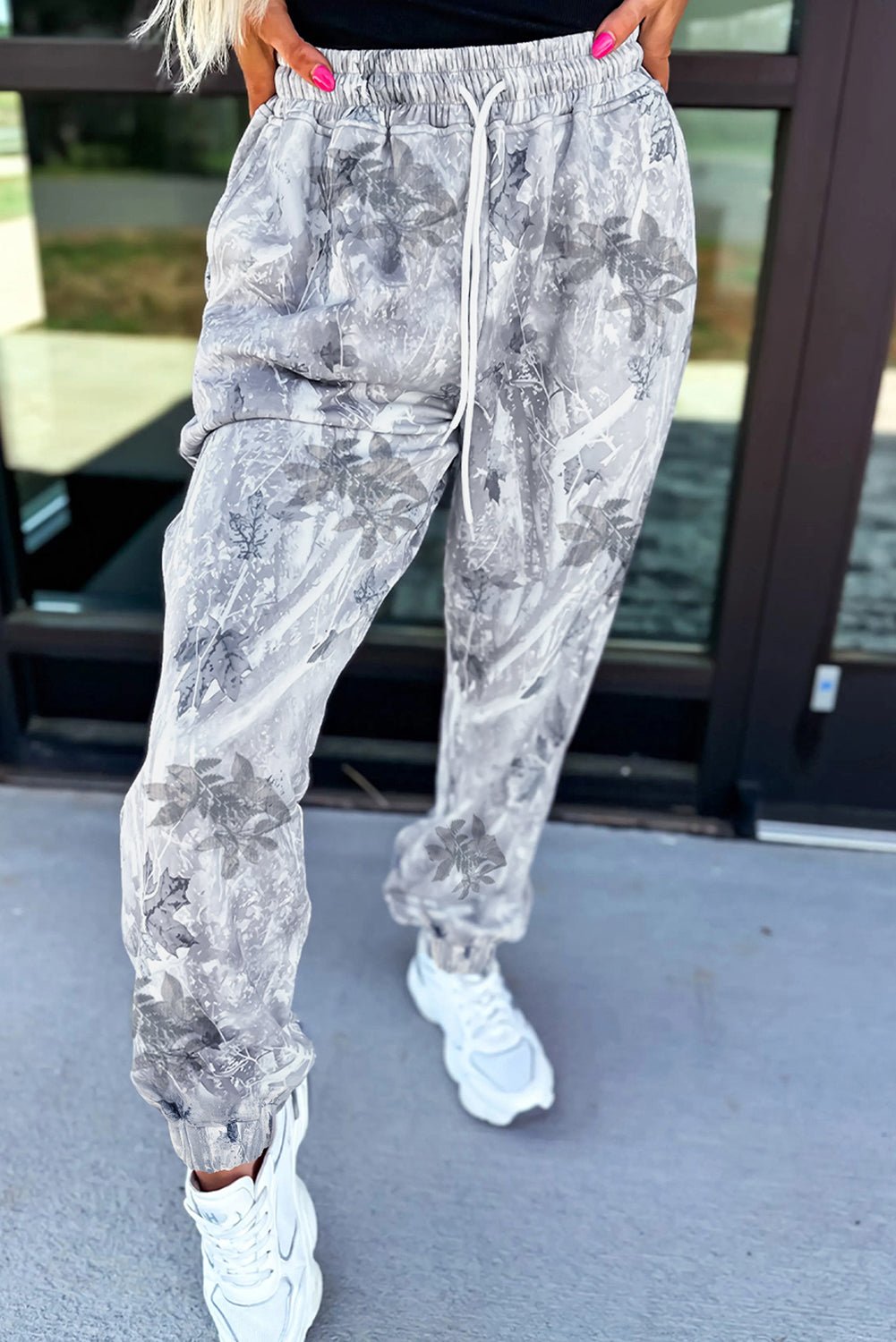 Gray Camo Print Cozy Drawstring Elastic Waist Jogger Pants - Raelynns&Co