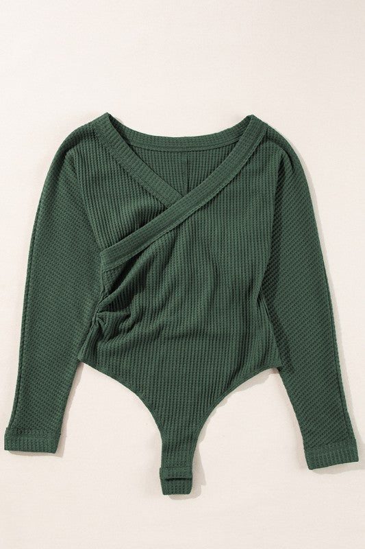 Green Waffle Knit Slim Fit Wrap V Neck Bodysuit - RaeLynns Boutique