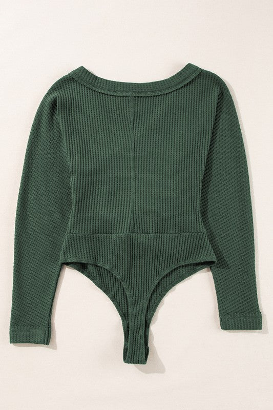 Green Waffle Knit Slim Fit Wrap V Neck Bodysuit - RaeLynns Boutique
