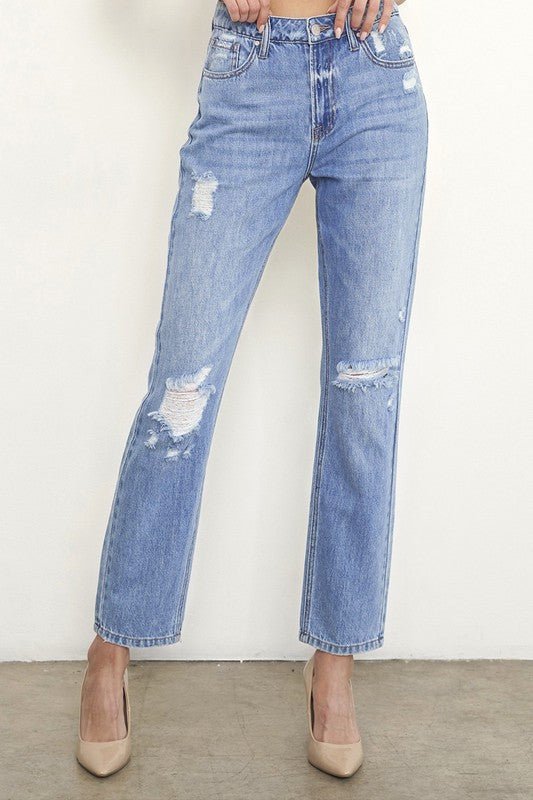 HIGH RISE DISTRESSED GIRLFRIEND JEANS - RaeLynns Boutique