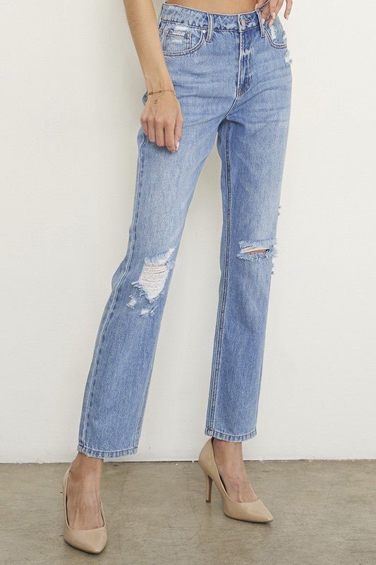 HIGH RISE DISTRESSED GIRLFRIEND JEANS - RaeLynns Boutique