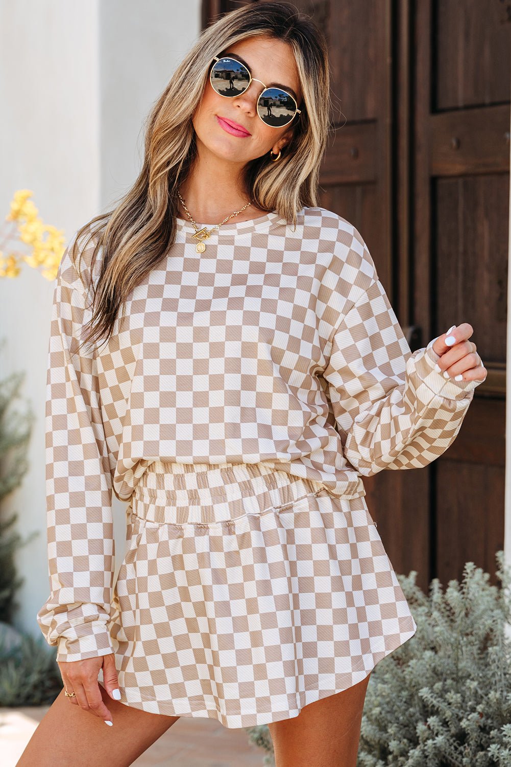 Khaki Checkered Long Sleeve Crop Top High Waist Skort 2pcs Set - Raelynns&Co