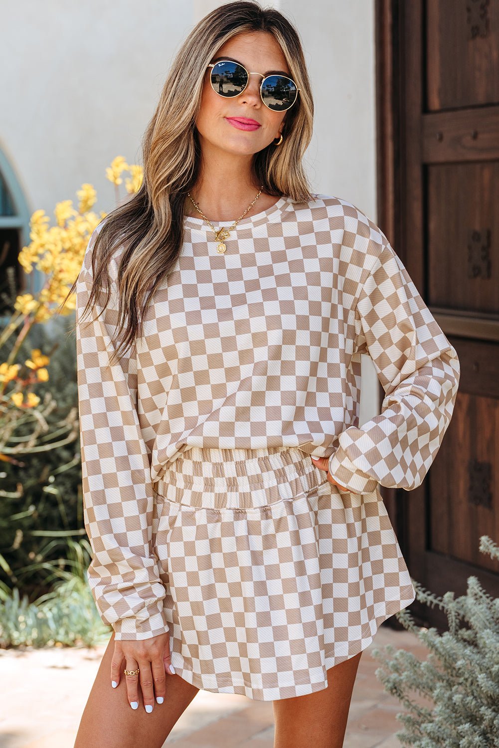 Khaki Checkered Long Sleeve Crop Top High Waist Skort 2pcs Set - Raelynns&Co