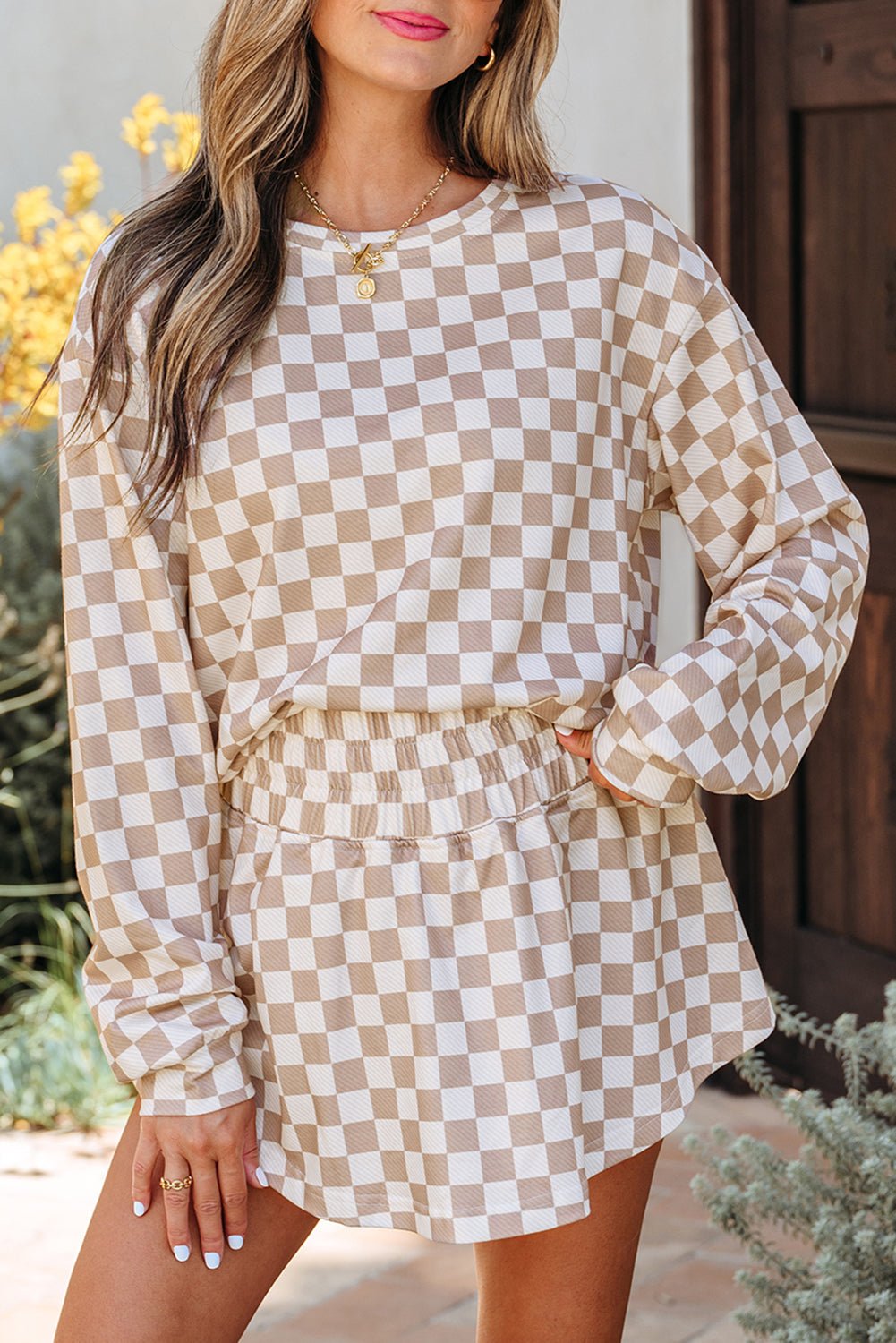 Khaki Checkered Long Sleeve Crop Top High Waist Skort 2pcs Set - Raelynns&Co
